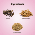 Three piles of dried leafy ingredients for an Ayurvedic supplement on a pink background. Text identifies the ingredients as pippali, ashwagandha, and shatapushpa.