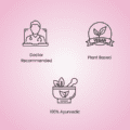 A set of icons on a pink background. The icons represent a doctor, a mortar and pestle, and a leaf. Text overlay says "Vegan Doctor Recommended 100% Ayurvedic