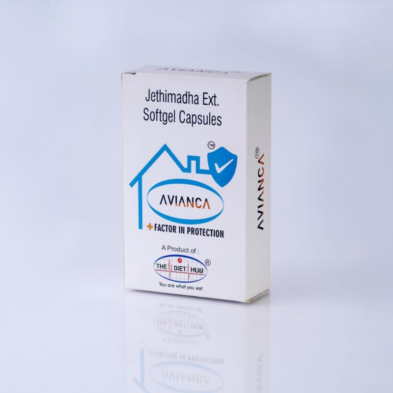 A box of Jethimadha Ext. softgel capsules, a dietary supplement by The Diet Hub.