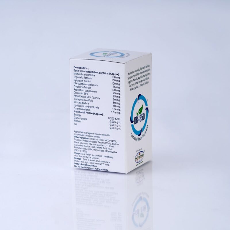 A box of DB-850 tablets by The Diet Hub. The box sits on a table with information about the ingredients and manufacturer.