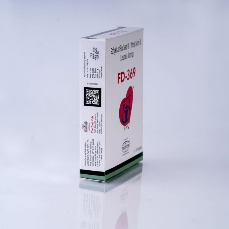 A box of FD-369 tablets sits on a white surface. The box is from The Diet Hub and contains Ayurvedic Proprietary Medicine.