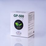 A close-up photo of a box of GP-500 tablets on a table. The box has a yellow and green design with black text