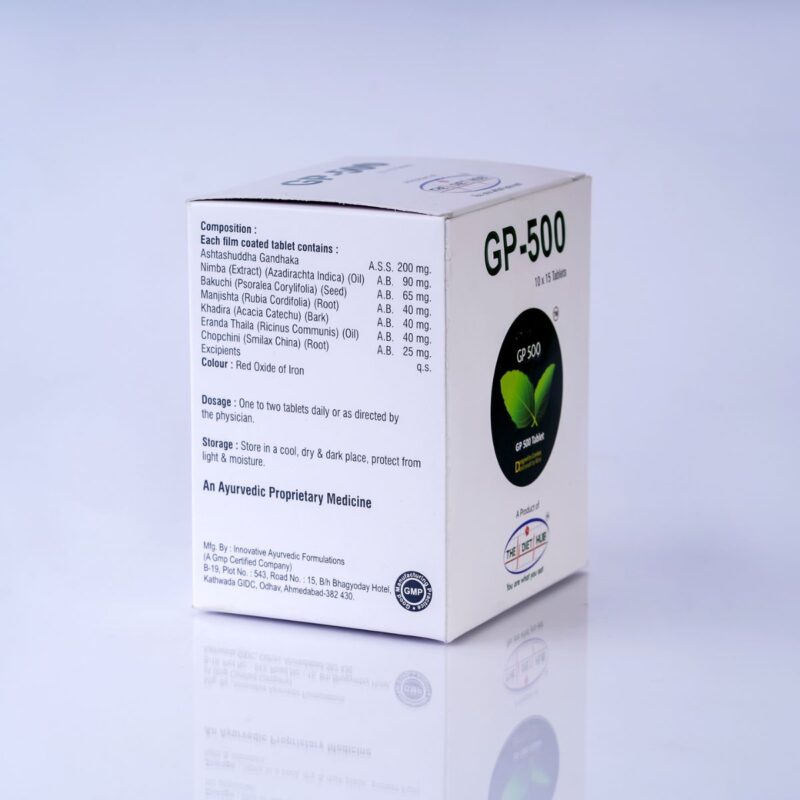 A close-up photo of a box of GP-500 tablets on a table. The box has a yellow and green design with black text