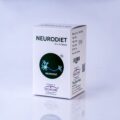 A box of Neurodiet Ayurvedic medicine on a white surface. The box has red and blue text with the ingredients listed on the side.