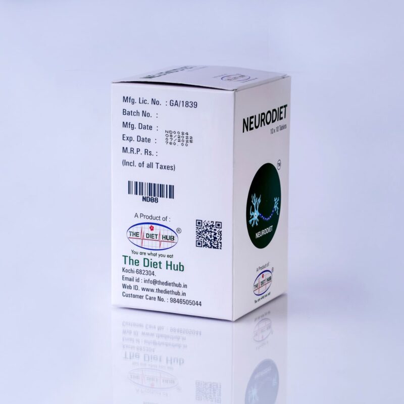 A box of Neurodiet Ayurvedic medicine on a white surface. The box has red and blue text with the ingredients listed on the side.