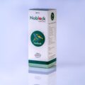 A box of Noblock Liquid Ayurvedic medicine sitting on a white background. The box has a yellow and red design with black text