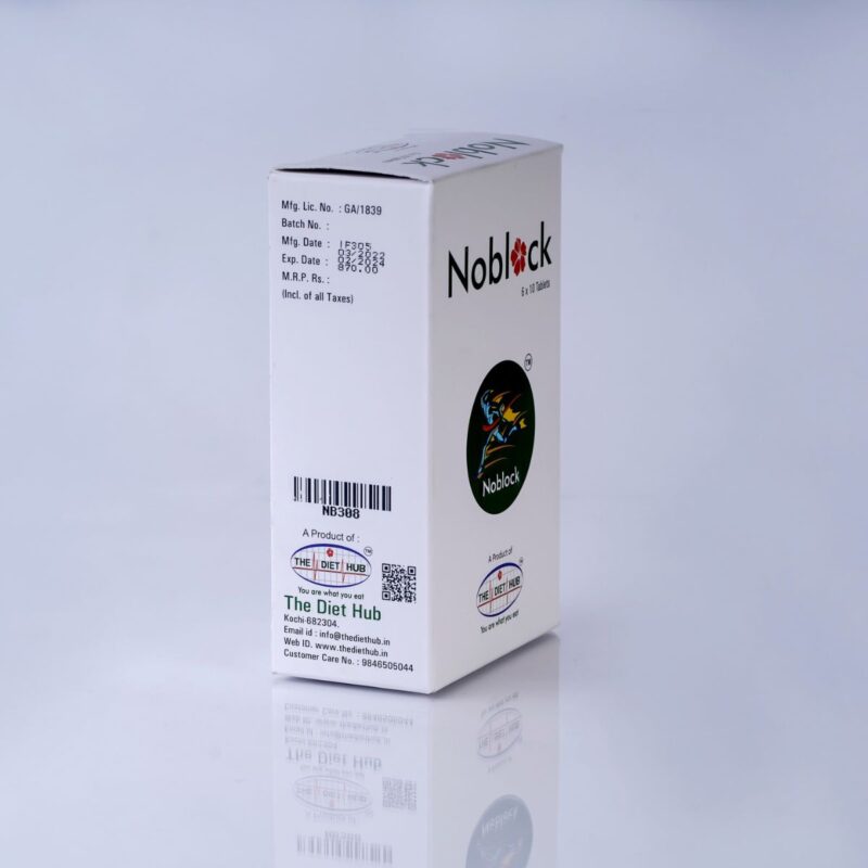 A white box with blue text labeled "Noblock Tablets" by The Diet Hub. The box sits on a white background with additional information about the product