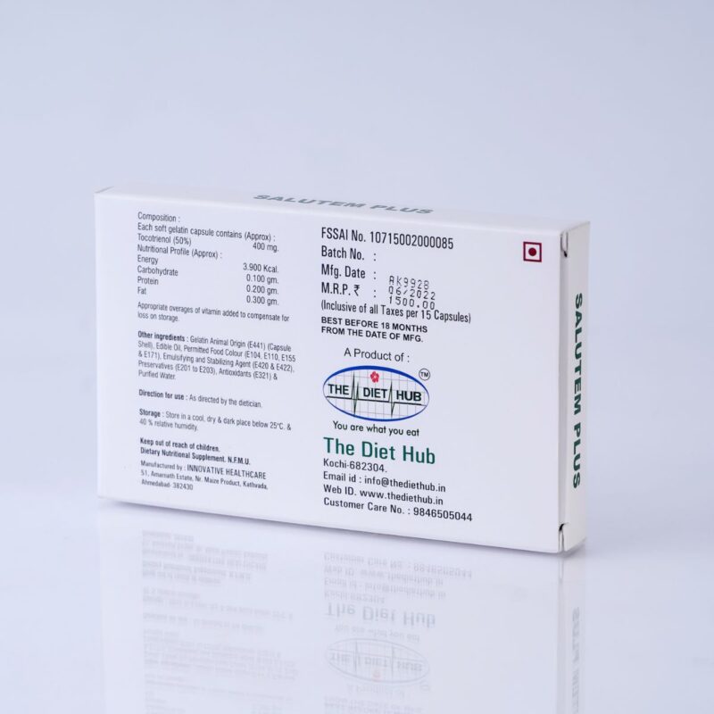 A box of Salutem Plus capsules on a white surface. The box contains information about the ingredients
