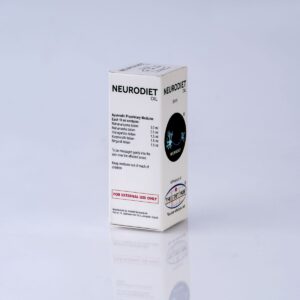 A red, white, and black box of Neurodiet Oil sitting on a white table